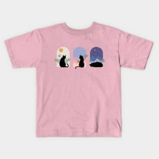 Boho minimalist black cats with plants - day, evening and night pack Kids T-Shirt